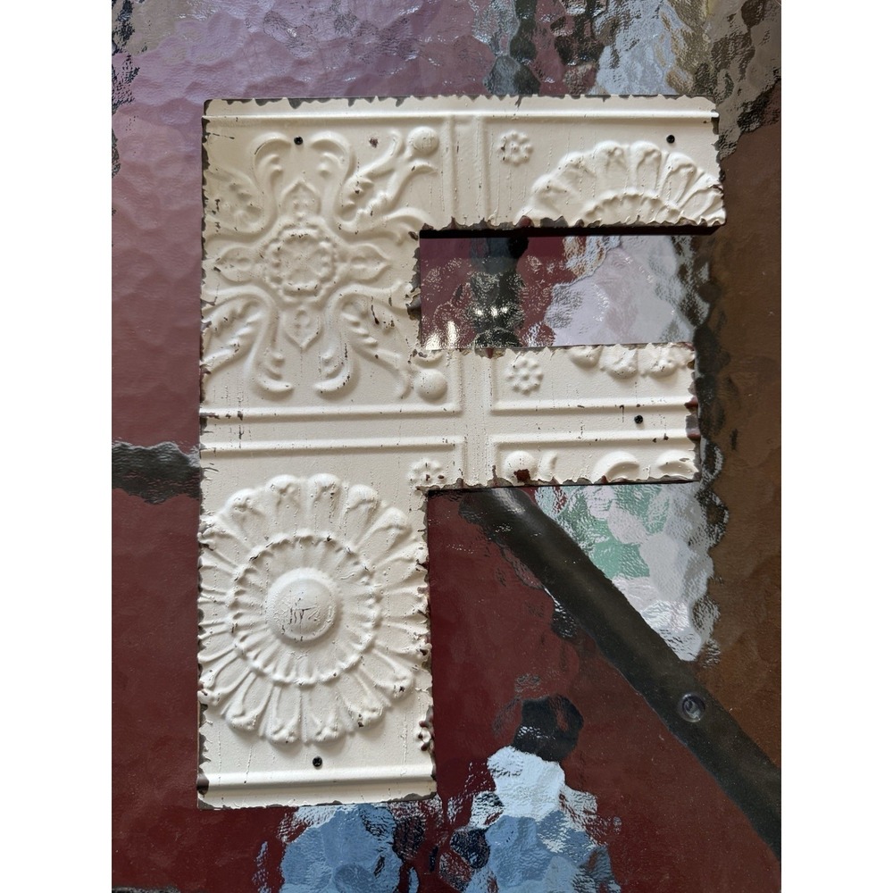 Vintage White Embossed Tin Ceiling Tile Panel - Ornate Floral Metal Wall Art